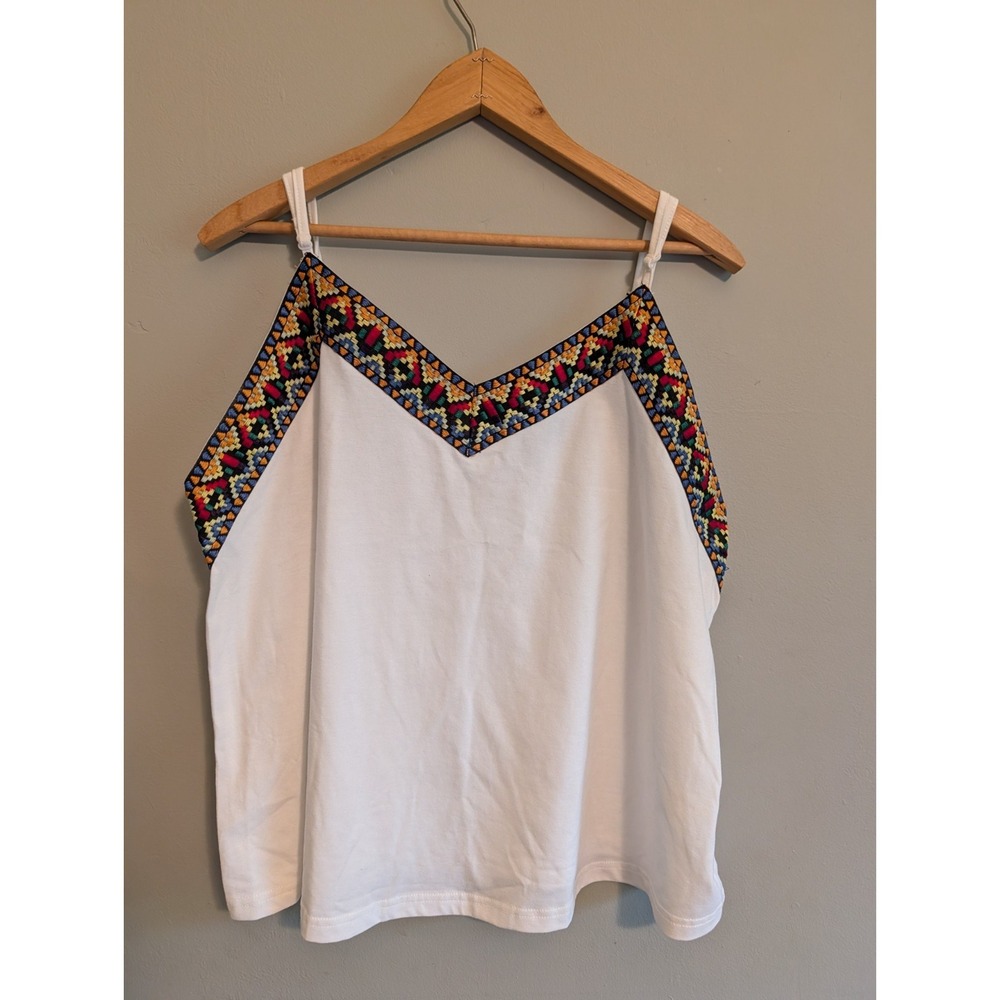 Camisole Tank XL White Embroidered Trim Tribal Aztec Southwest Boho Festival
